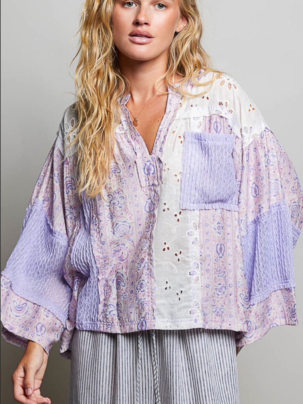 💕Coming Soon! POL Lavender Patchwork Eyelet Peasant Top - Women